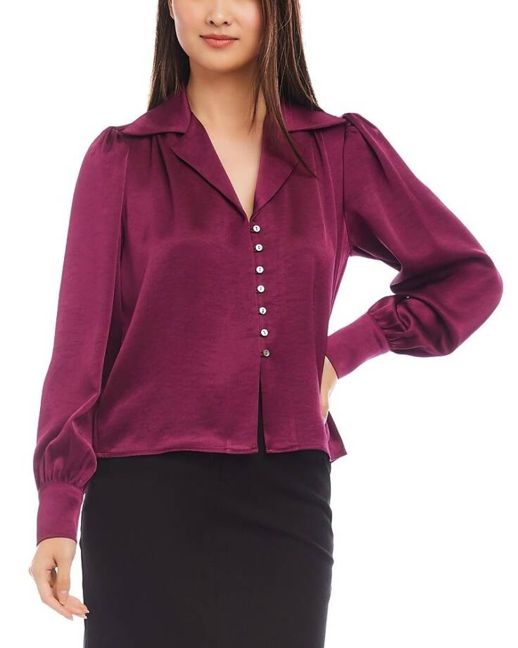 Karen Kane Shirred Blouse Womens XL Wine Solid Collared Long Sleeve Button Front