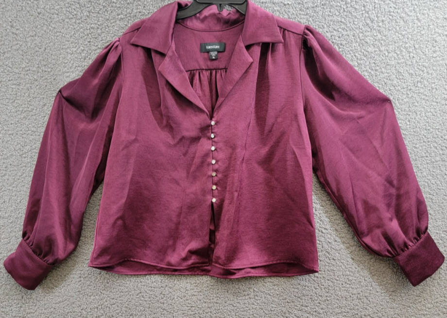 Karen Kane Shirred Blouse Womens XL Wine Solid Collared Long Sleeve Button Front