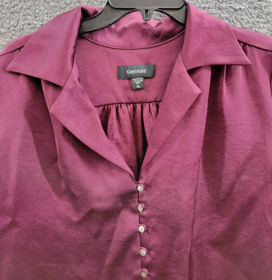Karen Kane Shirred Blouse Womens XL Wine Solid Collared Long Sleeve Button Front