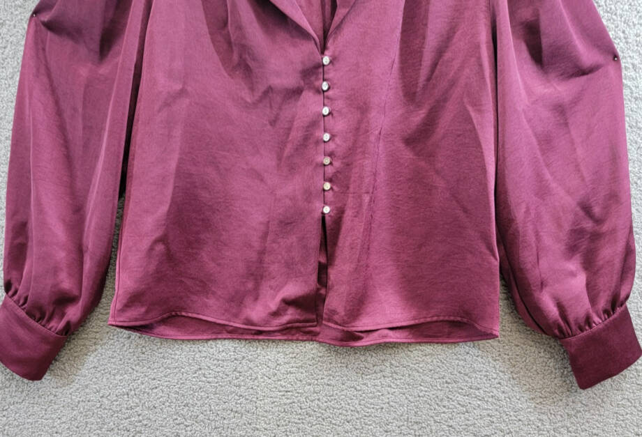 Karen Kane Shirred Blouse Womens XL Wine Solid Collared Long Sleeve Button Front