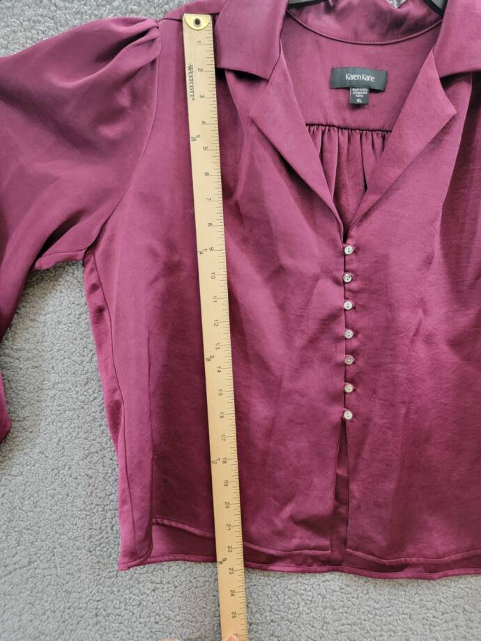Karen Kane Shirred Blouse Womens XL Wine Solid Collared Long Sleeve Button Front