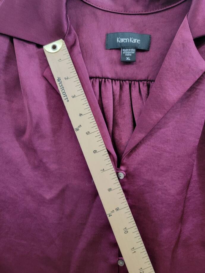 Karen Kane Shirred Blouse Womens XL Wine Solid Collared Long Sleeve Button Front