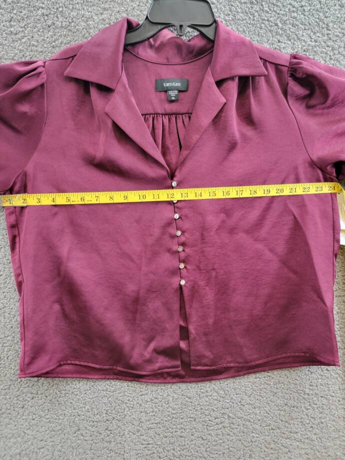 Karen Kane Shirred Blouse Womens XL Wine Solid Collared Long Sleeve Button Front