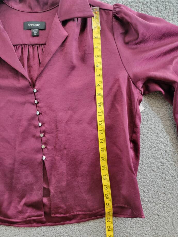 Karen Kane Shirred Blouse Womens XL Wine Solid Collared Long Sleeve Button Front