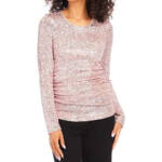 Karen Kane Side Shirred Sequin Top Women XS Pink Round Neck Long Sleeve Pullover