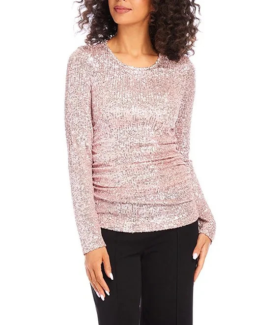Karen Kane Side Shirred Sequin Top Women XS Pink Round Neck Long Sleeve Pullover