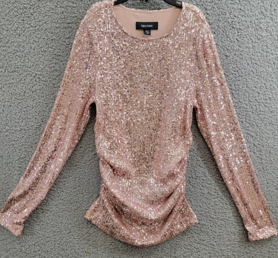Karen Kane Side Shirred Sequin Top Women XS Pink Round Neck Long Sleeve Pullover