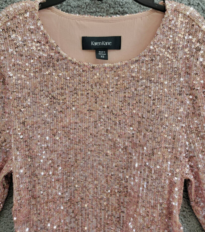 Karen Kane Side Shirred Sequin Top Women XS Pink Round Neck Long Sleeve Pullover