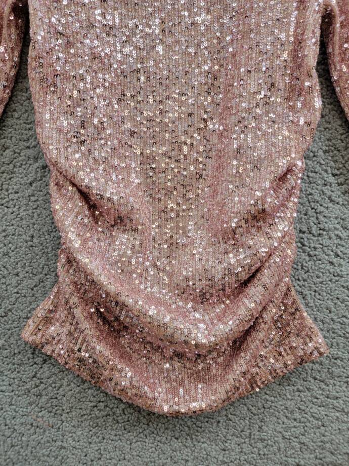 Karen Kane Side Shirred Sequin Top Women XS Pink Round Neck Long Sleeve Pullover