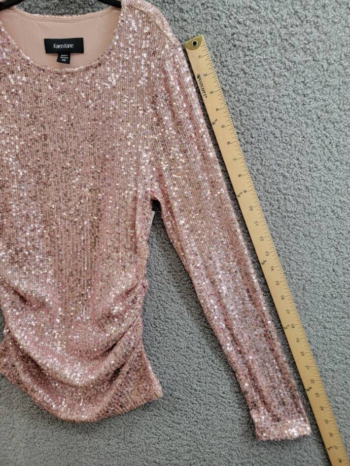 Karen Kane Side Shirred Sequin Top Women XS Pink Round Neck Long Sleeve Pullover