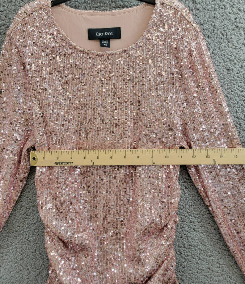 Karen Kane Side Shirred Sequin Top Women XS Pink Round Neck Long Sleeve Pullover