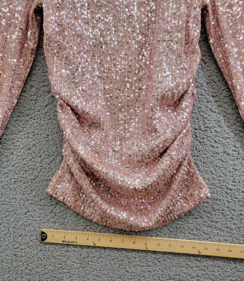 Karen Kane Side Shirred Sequin Top Women XS Pink Round Neck Long Sleeve Pullover
