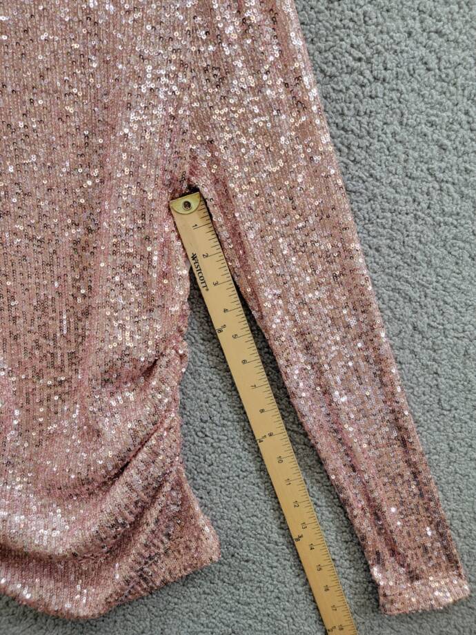 Karen Kane Side Shirred Sequin Top Women XS Pink Round Neck Long Sleeve Pullover