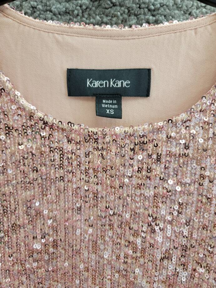Karen Kane Side Shirred Sequin Top Women XS Pink Round Neck Long Sleeve Pullover