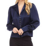Karen Kane Shirred Blouse Women's M Navy Solid Collared Long Sleeve Button Front