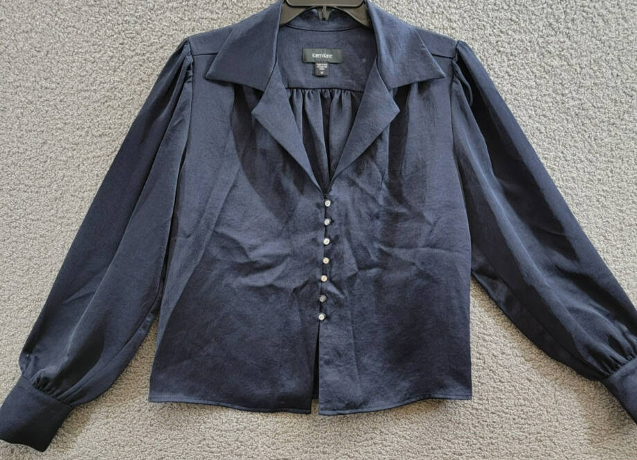 Karen Kane Shirred Blouse Women's M Navy Solid Collared Long Sleeve Button Front