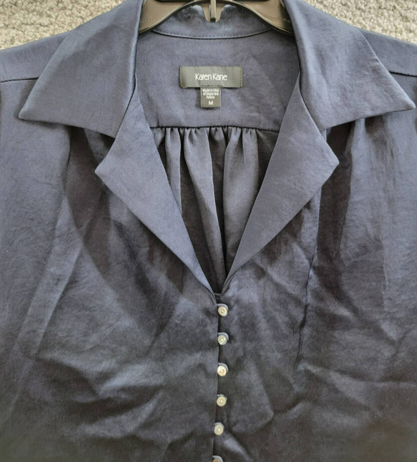 Karen Kane Shirred Blouse Women's M Navy Solid Collared Long Sleeve Button Front