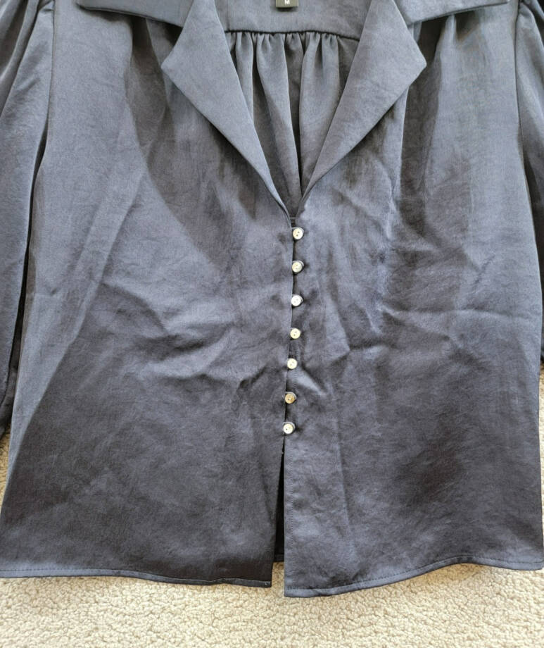 Karen Kane Shirred Blouse Women's M Navy Solid Collared Long Sleeve Button Front