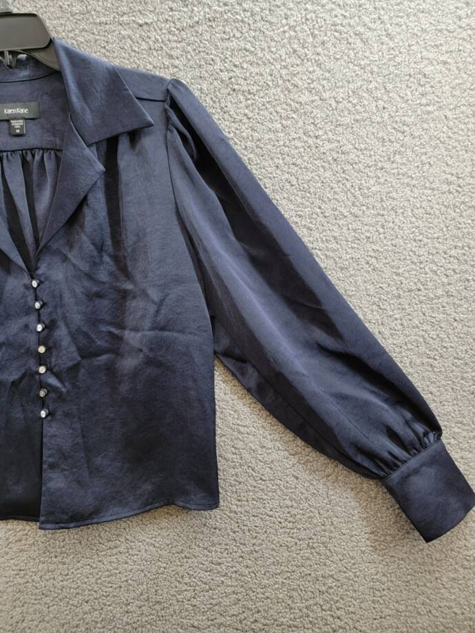 Karen Kane Shirred Blouse Women's M Navy Solid Collared Long Sleeve Button Front