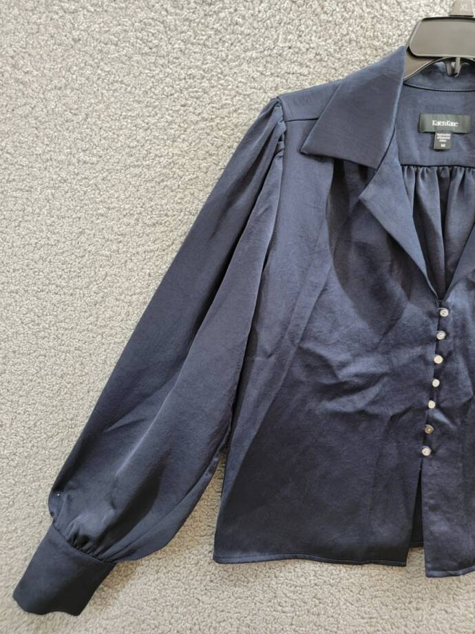 Karen Kane Shirred Blouse Women's M Navy Solid Collared Long Sleeve Button Front