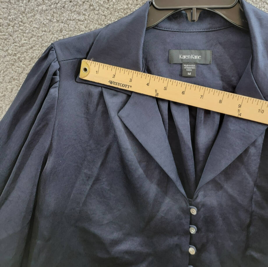 Karen Kane Shirred Blouse Women's M Navy Solid Collared Long Sleeve Button Front