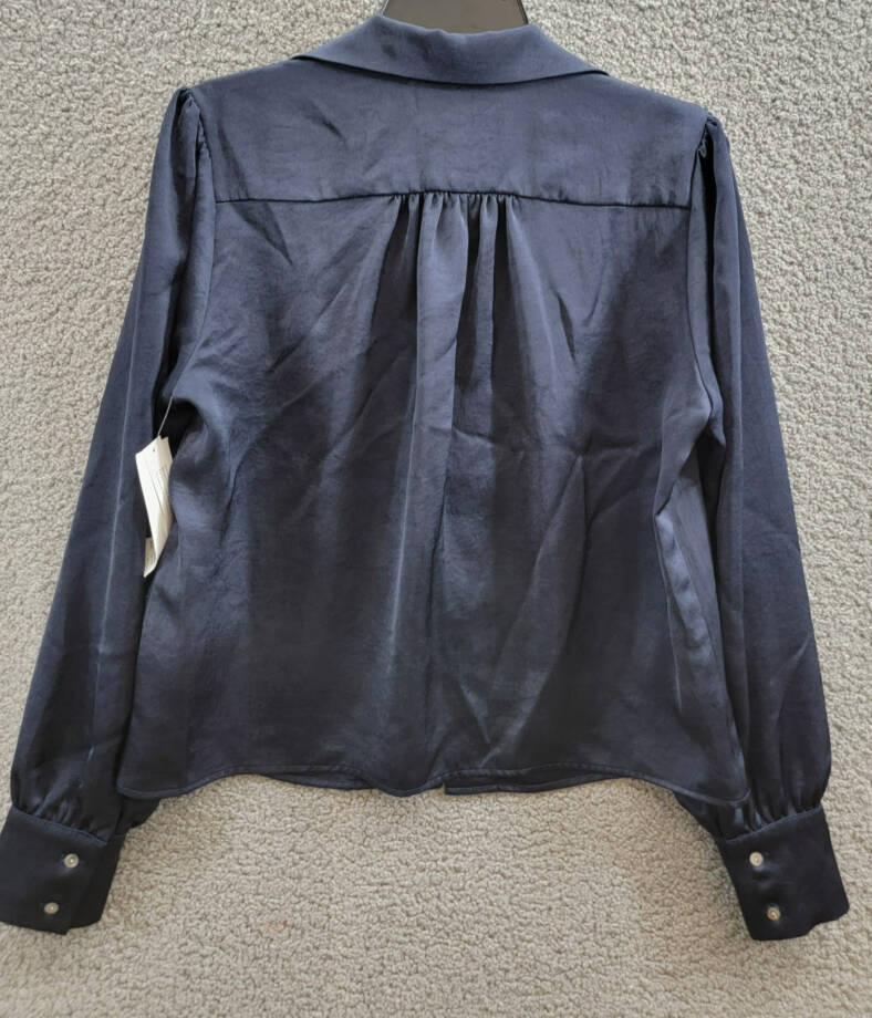 Karen Kane Shirred Blouse Women's M Navy Solid Collared Long Sleeve Button Front
