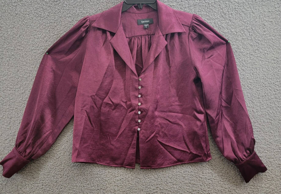 Karen Kane Shirred Blouse Women's S Wine Solid Collared Long Sleeve Button Front