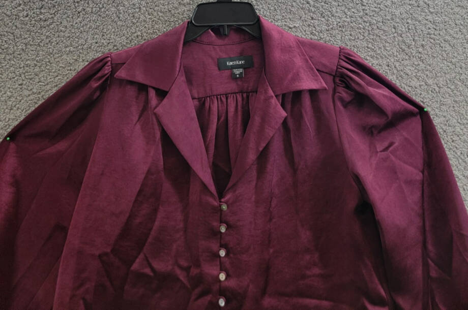 Karen Kane Shirred Blouse Women's S Wine Solid Collared Long Sleeve Button Front