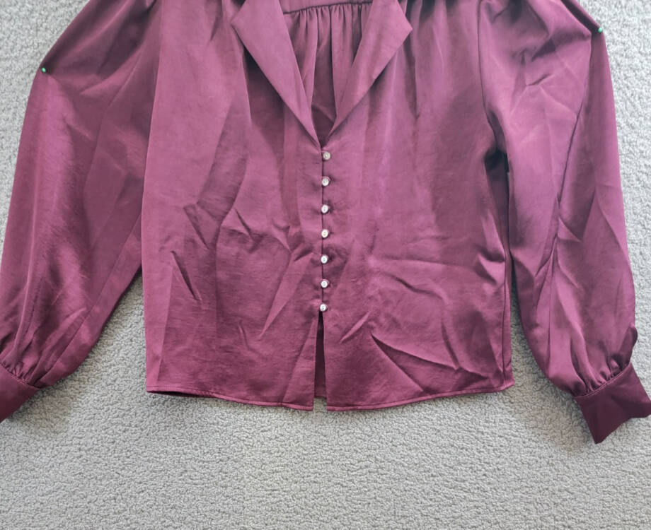 Karen Kane Shirred Blouse Women's S Wine Solid Collared Long Sleeve Button Front