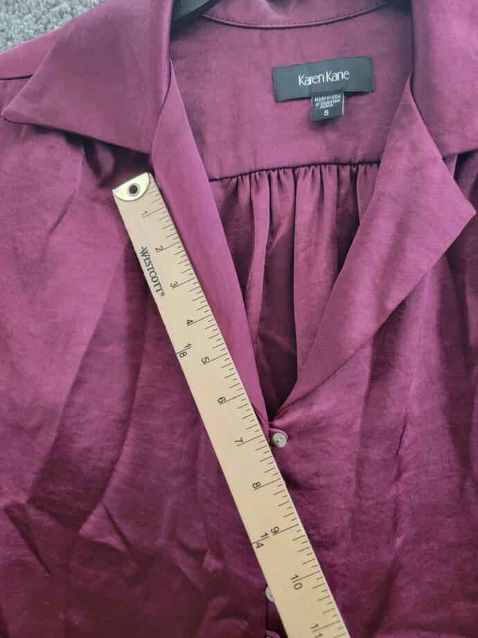 Karen Kane Shirred Blouse Women's S Wine Solid Collared Long Sleeve Button Front