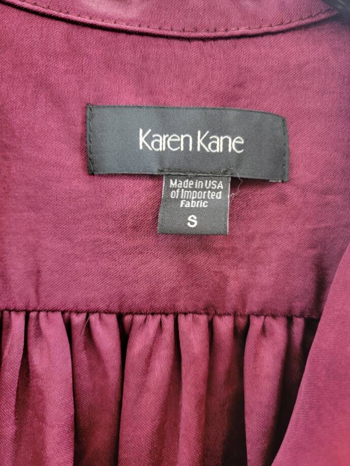Karen Kane Shirred Blouse Women's S Wine Solid Collared Long Sleeve Button Front