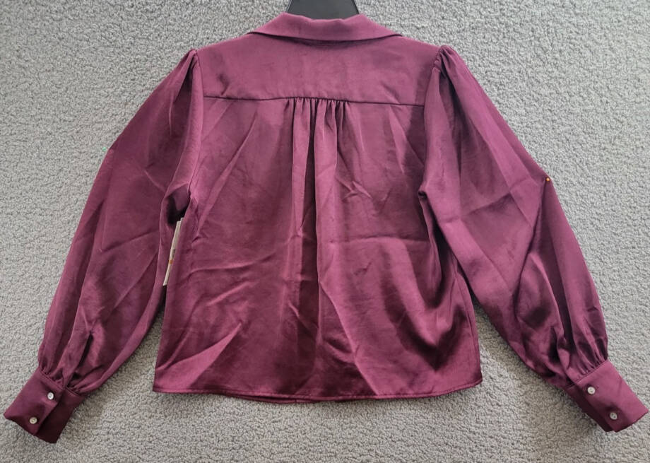 Karen Kane Shirred Blouse Women's S Wine Solid Collared Long Sleeve Button Front