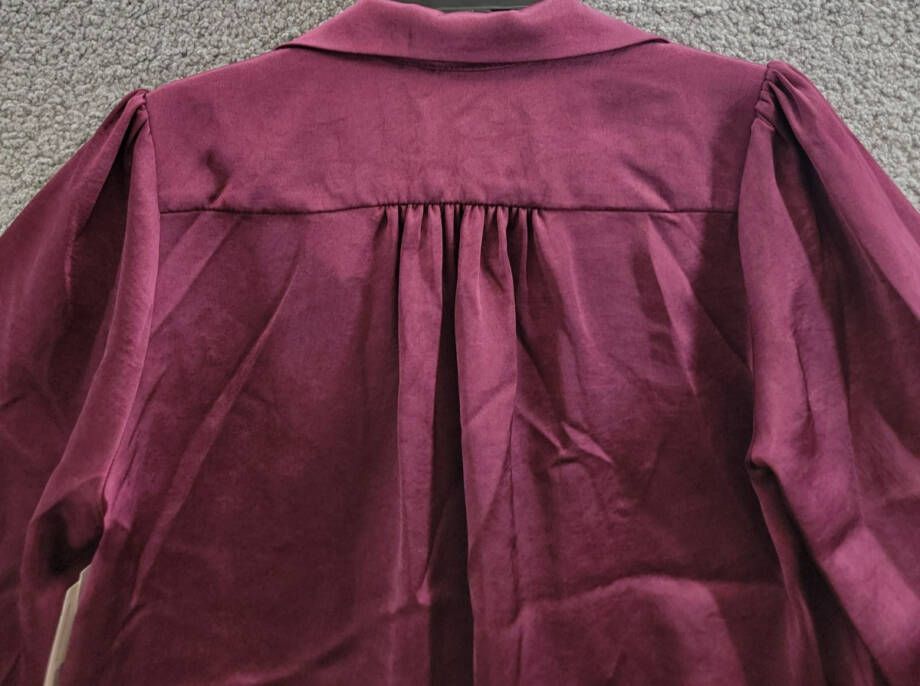 Karen Kane Shirred Blouse Women's S Wine Solid Collared Long Sleeve Button Front