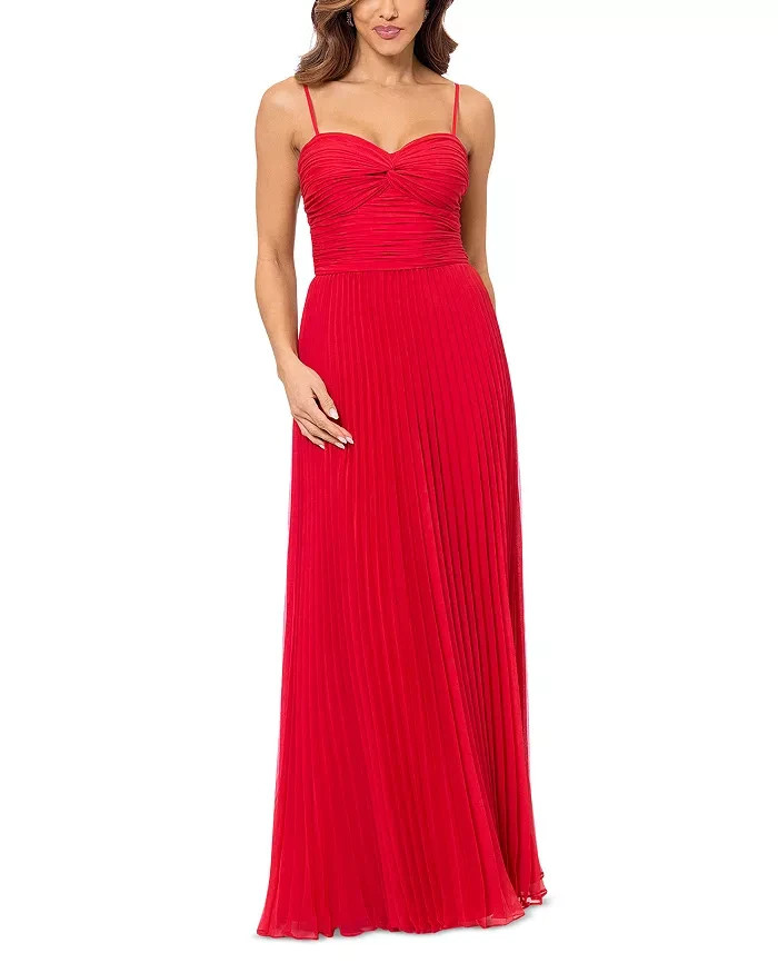 AQUA Pleated Chiffon Gown Women's 12 Red Solid Sweetheart Neck Back Zip Closure