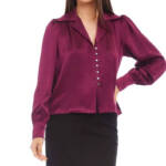 Karen Kane Shirred Blouse Women's L Wine Solid Collared Long Sleeve Button Front