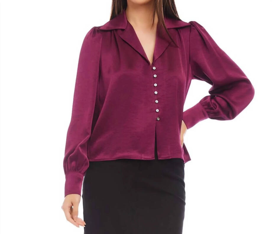 Karen Kane Shirred Blouse Women's L Wine Solid Collared Long Sleeve Button Front