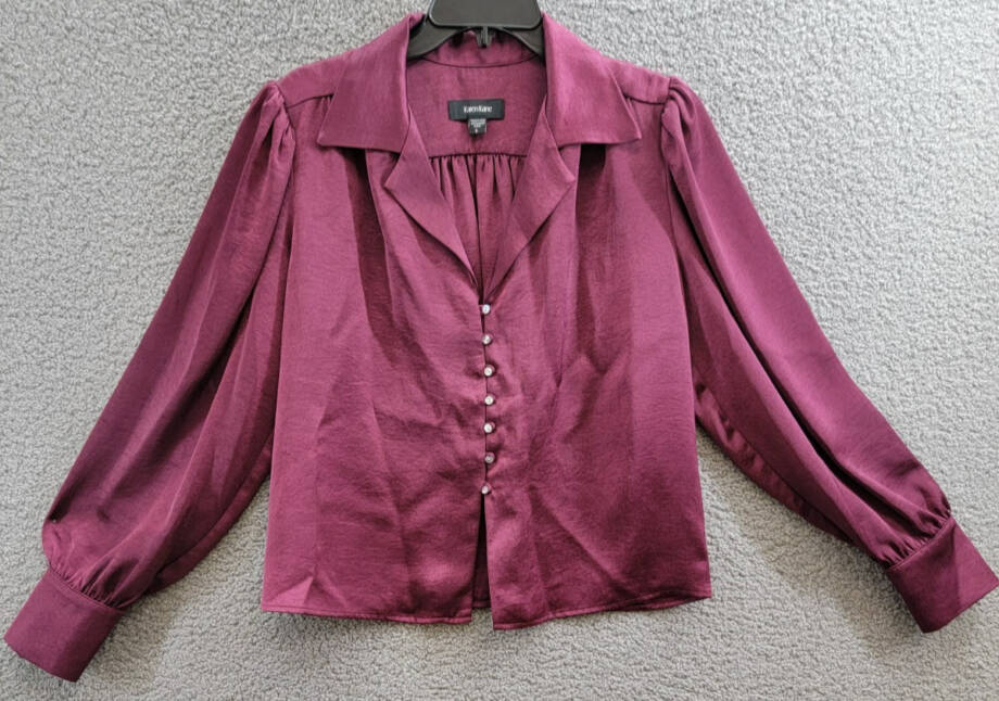 Karen Kane Shirred Blouse Women's L Wine Solid Collared Long Sleeve Button Front