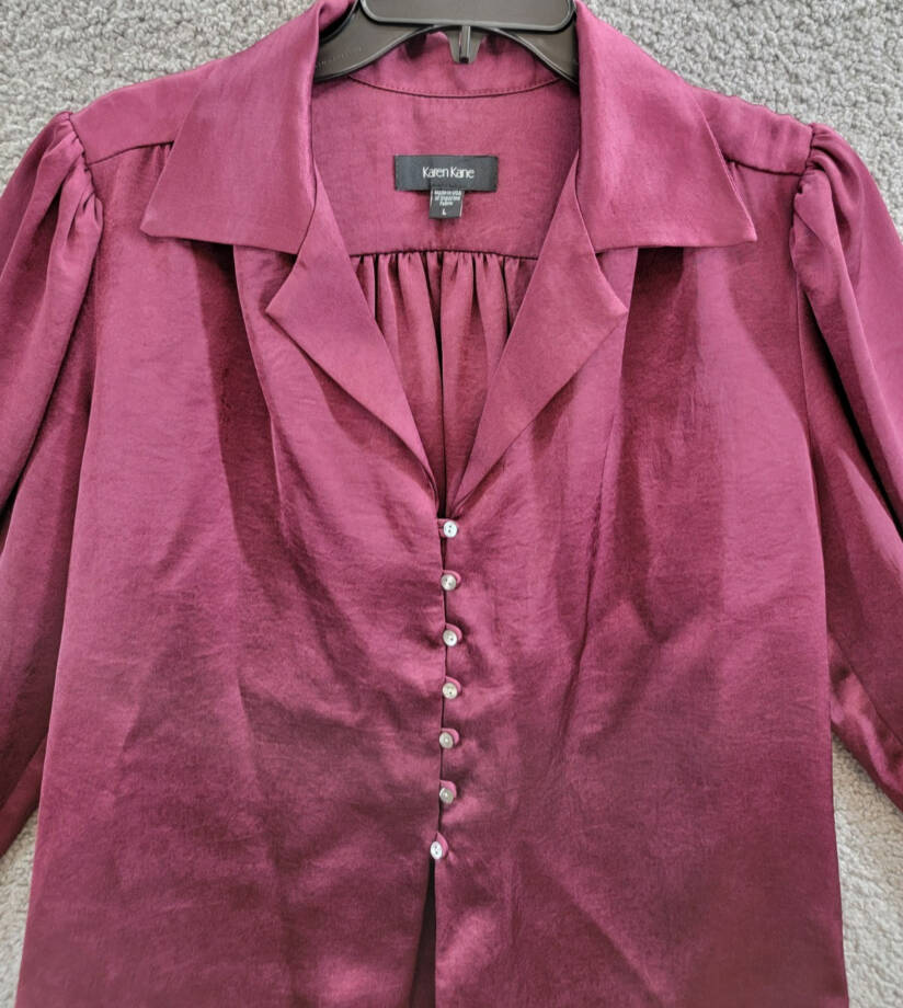Karen Kane Shirred Blouse Women's L Wine Solid Collared Long Sleeve Button Front