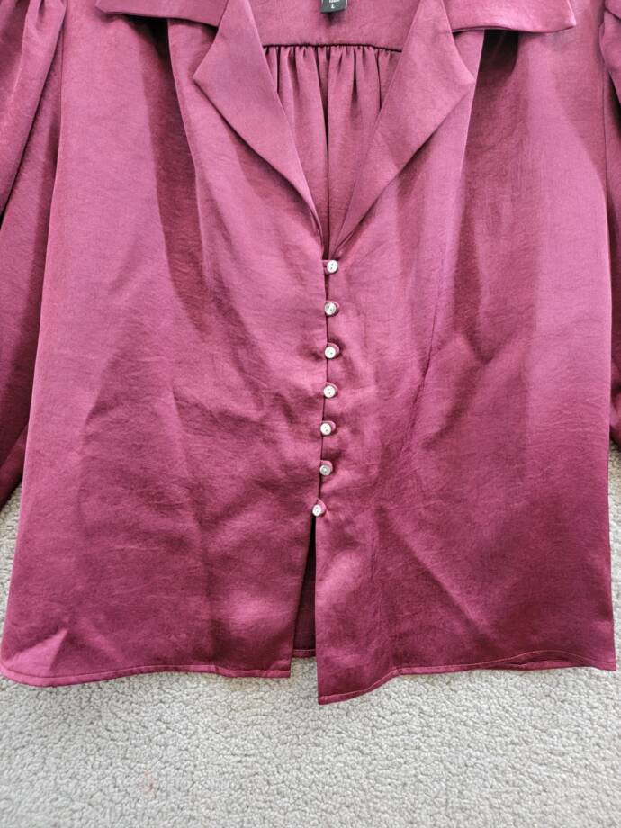 Karen Kane Shirred Blouse Women's L Wine Solid Collared Long Sleeve Button Front