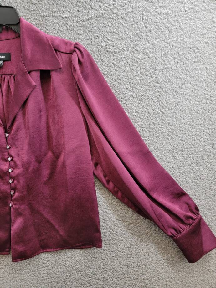 Karen Kane Shirred Blouse Women's L Wine Solid Collared Long Sleeve Button Front