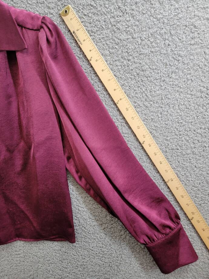 Karen Kane Shirred Blouse Women's L Wine Solid Collared Long Sleeve Button Front
