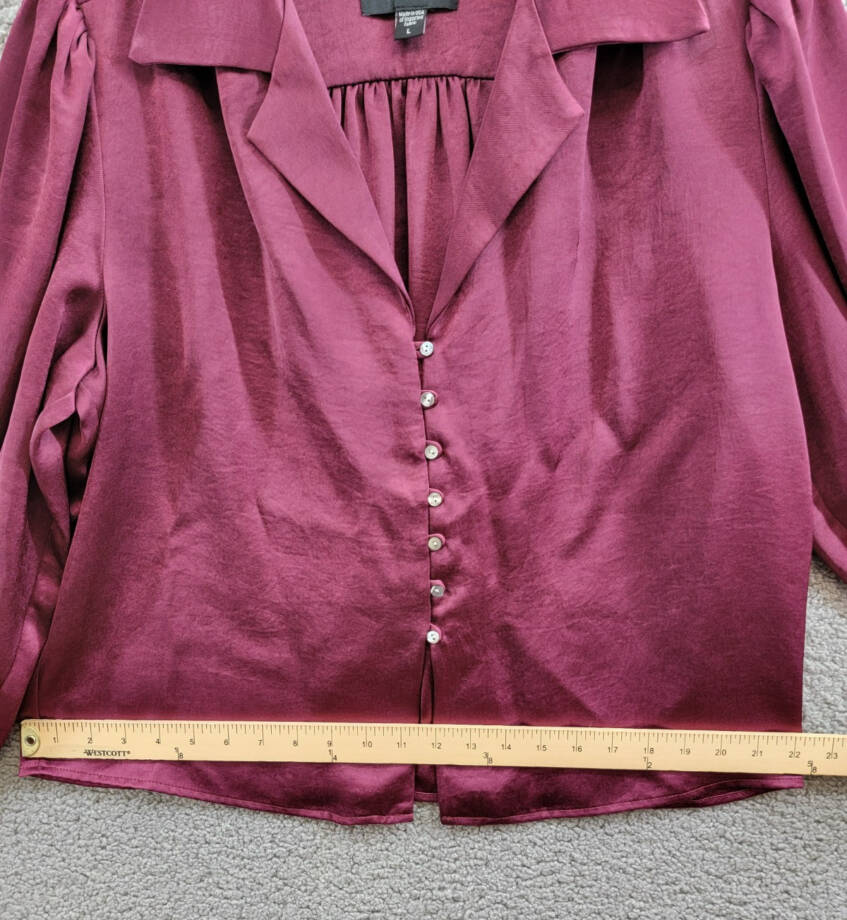 Karen Kane Shirred Blouse Women's L Wine Solid Collared Long Sleeve Button Front