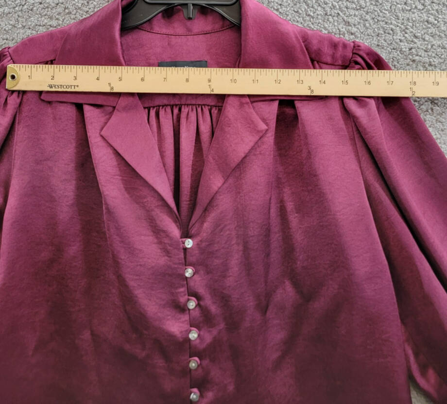 Karen Kane Shirred Blouse Women's L Wine Solid Collared Long Sleeve Button Front