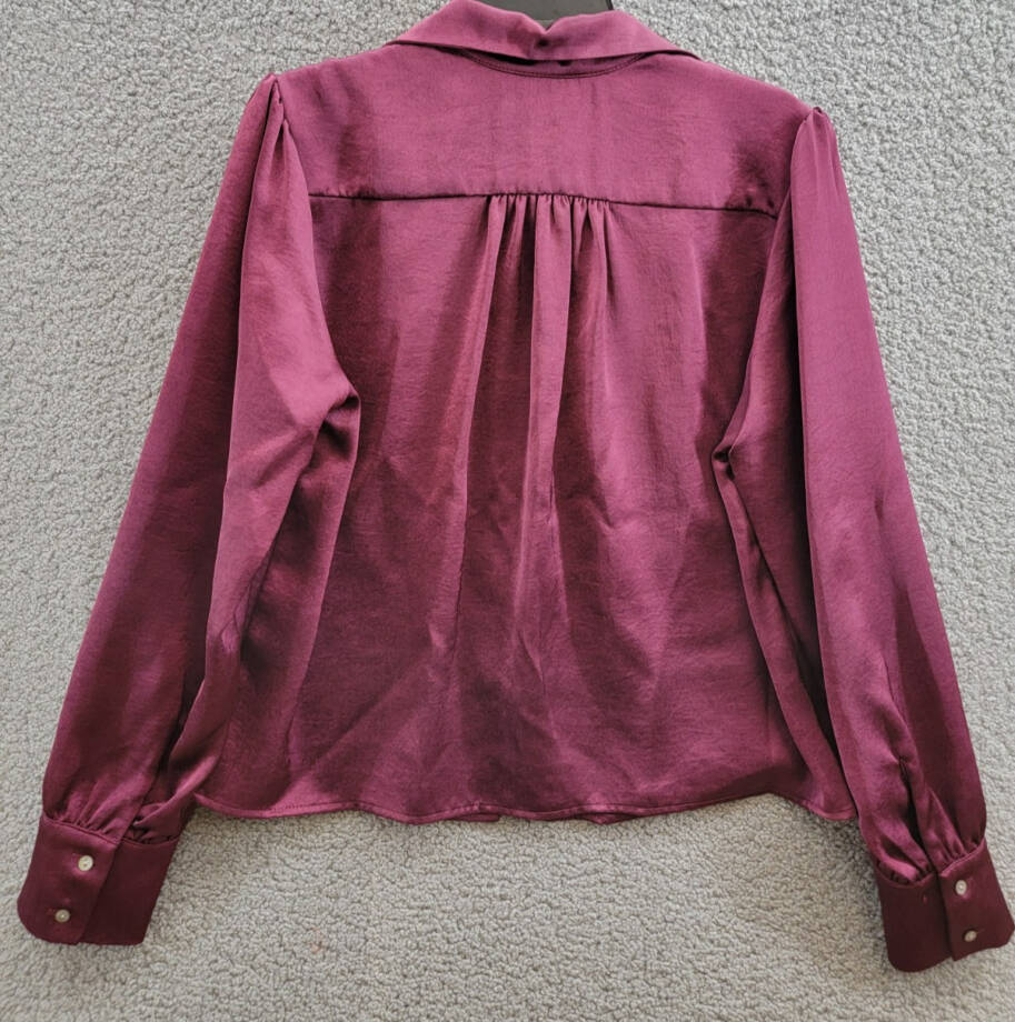 Karen Kane Shirred Blouse Women's L Wine Solid Collared Long Sleeve Button Front