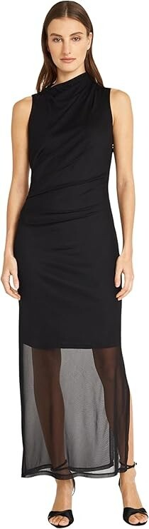 Donna Morgan Asymmetric Neck Side Pleat Maxi Dress Women's 8 Black Side Zipped