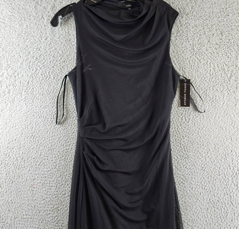 Donna Morgan Asymmetric Neck Side Pleat Maxi Dress Women's 8 Black Side Zipped