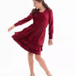 Rare Editions Long Sleeve Textured Velvet Tiered Dress Big Girls 8 Burgundy