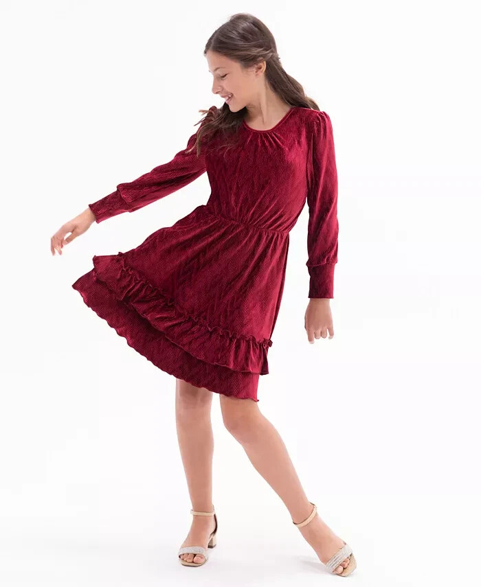 Rare Editions Long Sleeve Textured Velvet Tiered Dress Big Girls 8 Burgundy
