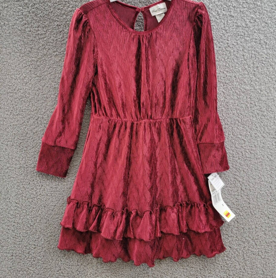 Rare Editions Long Sleeve Textured Velvet Tiered Dress Big Girls 8 Burgundy