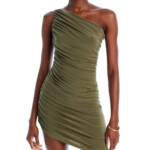 Norma Kamali Diana Asymmetric Mini Dress Women's S/36 Military Ruched Pullover